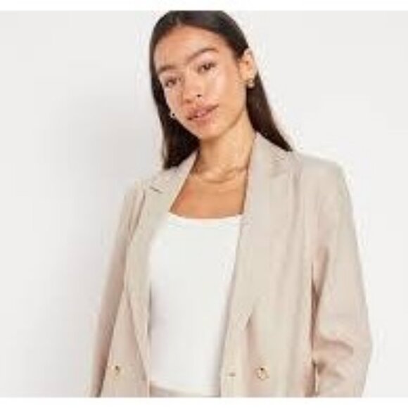 NEW Old Navy Womens 2X Double-Breasted Linen-Blend Blazer Beige Lightweight - Picture 2 of 9